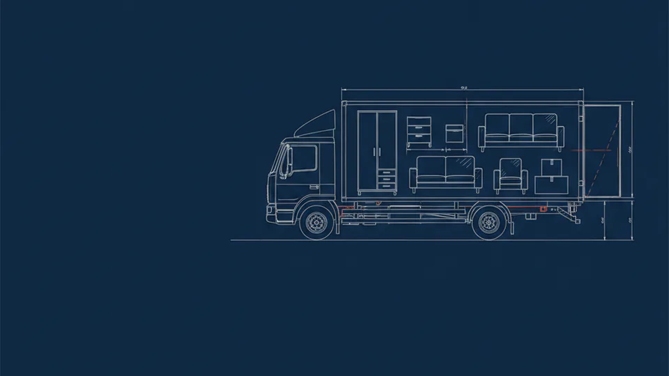 Umzugswagen und Möbel als Blueprint-Zeichnung